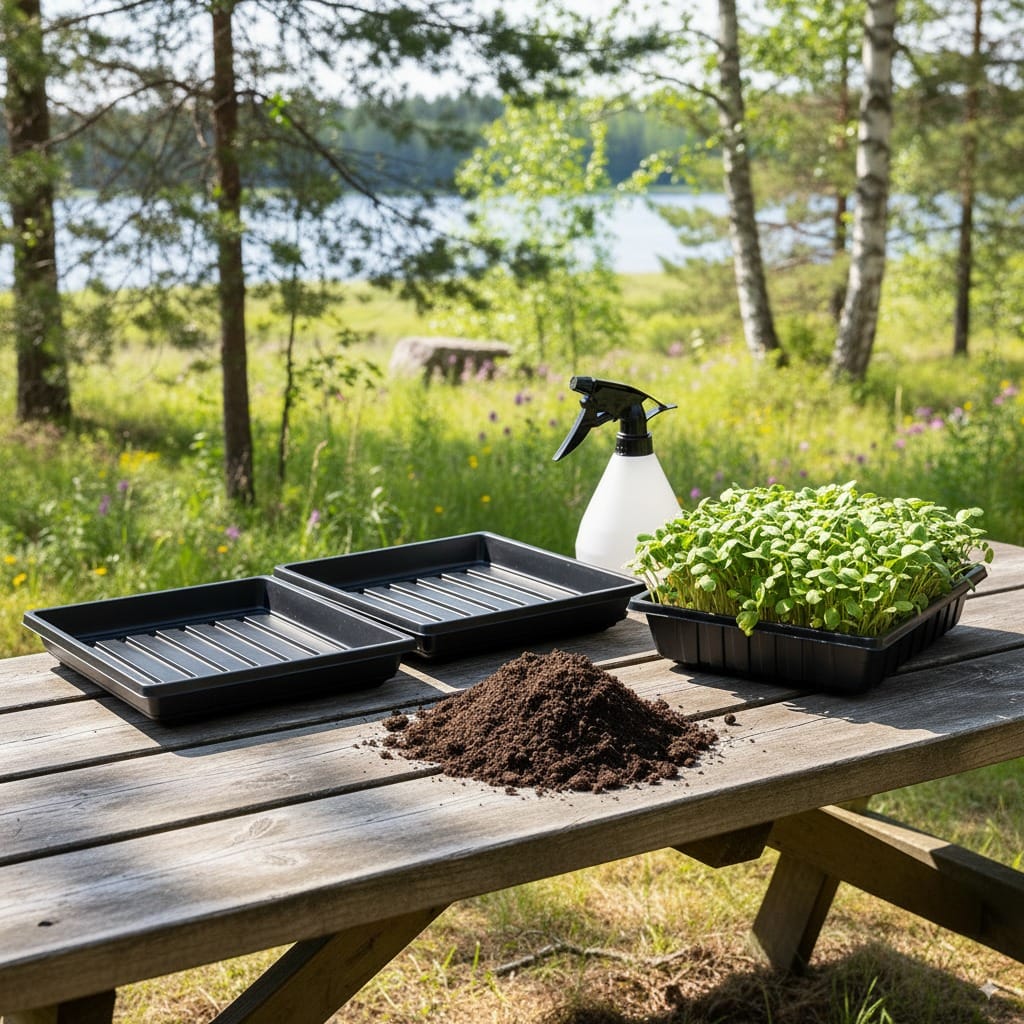 Puupöydällä multaa, taimi ja tarvikkeita ulkona